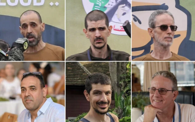 Top row, left to right: Released hostages Eli Sharabi, Or Levy and Ohad Ben Ami seen on a stage set up by Hamas in Deir el-Balah, central Gaza, before the terror group handed them over to the Red Cross, February 8, 2025. Bottom row, the three Israelis as pictured before they were abducted. (Eyad Baba / AFP; courtesy)